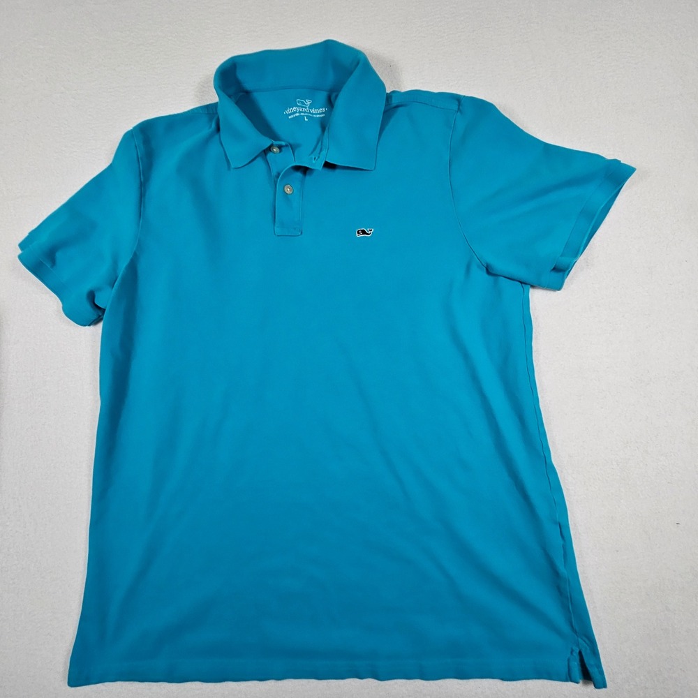 Vineyard Vines Mens‎ Large Blue Short Sleeve Pique Whale Logo Polo Shirt Stretch